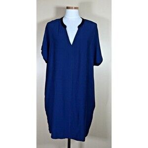 H Halston Womens Loose Shift Dress V-Neck NWT New Pockets Navy Cocoon LARGE